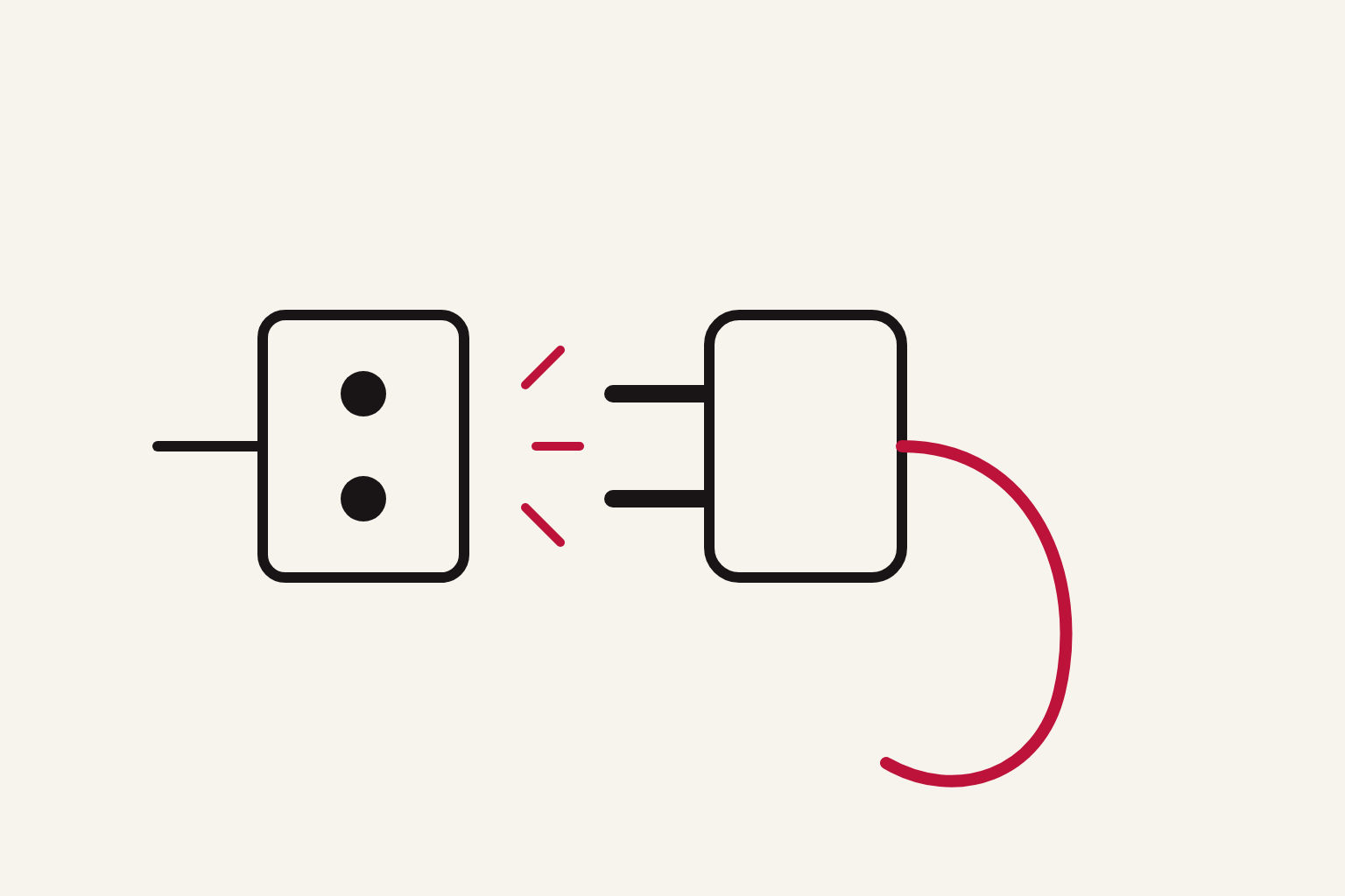 Ilustración editorial de un enchufe negro desconectado de una toma de corriente, con el cable dibujado en rojo describiendo una curva hacia abajo.