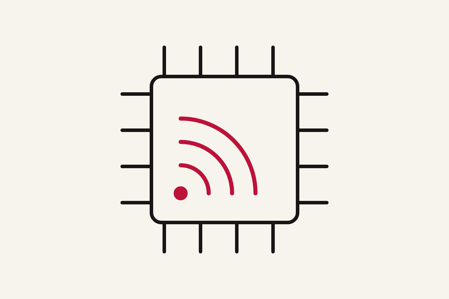Ilustración editorial de un chip cuadrado con patillas a ambos lados; en su interior, tres arcos concéntricos rojos que salen de una esquina.