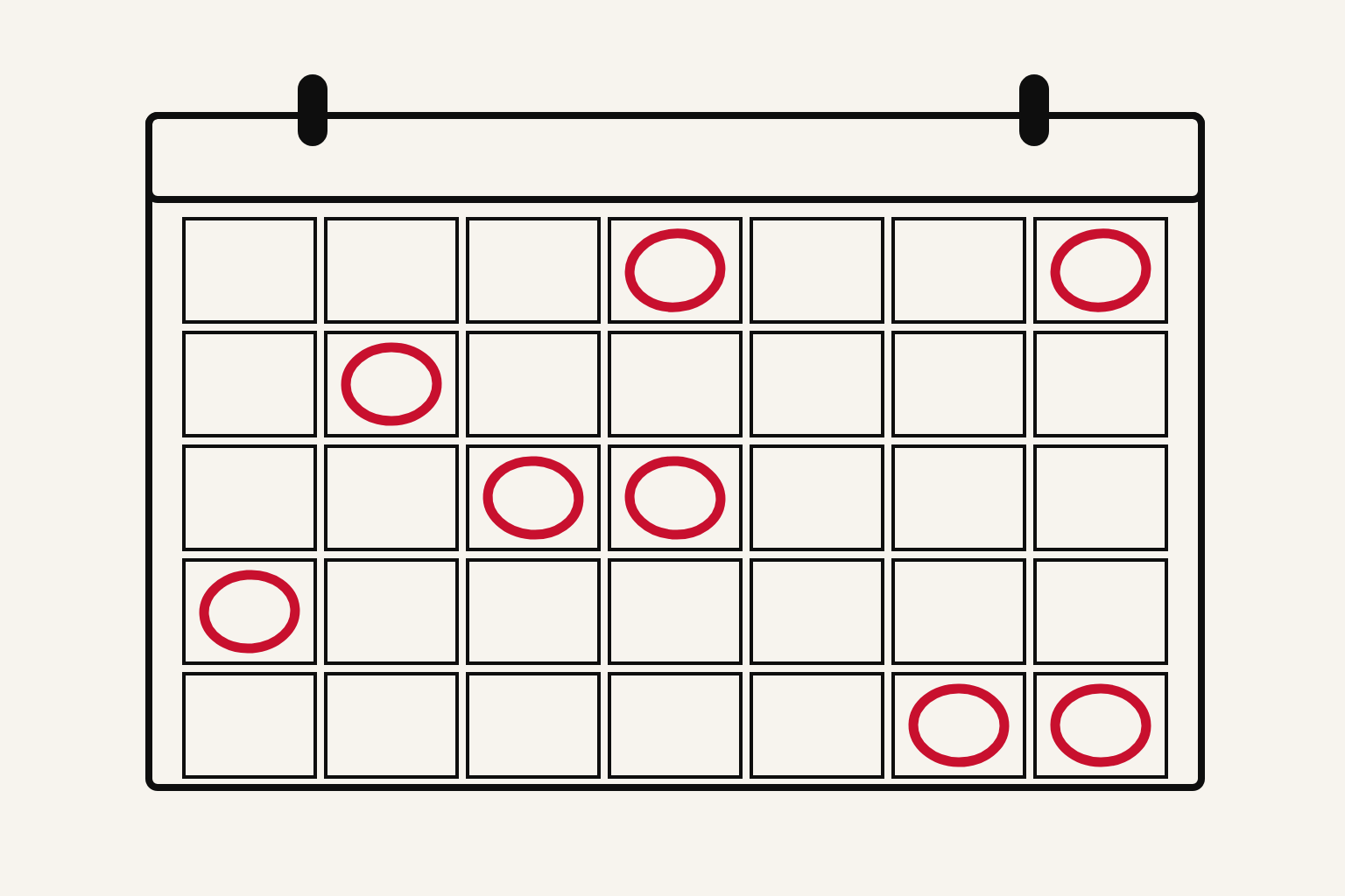 Ilustración editorial de un calendario mensual con ocho casillas marcadas a mano con un círculo rojo y el resto vacías.