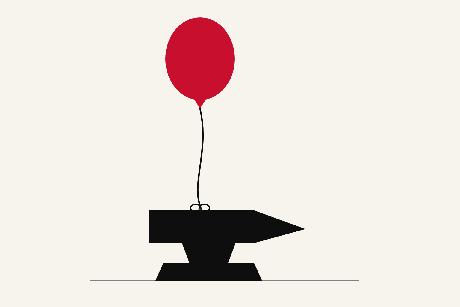 Ilustración editorial de un globo rojo de helio atado con un hilo a un yunque de hierro apoyado en el suelo.
